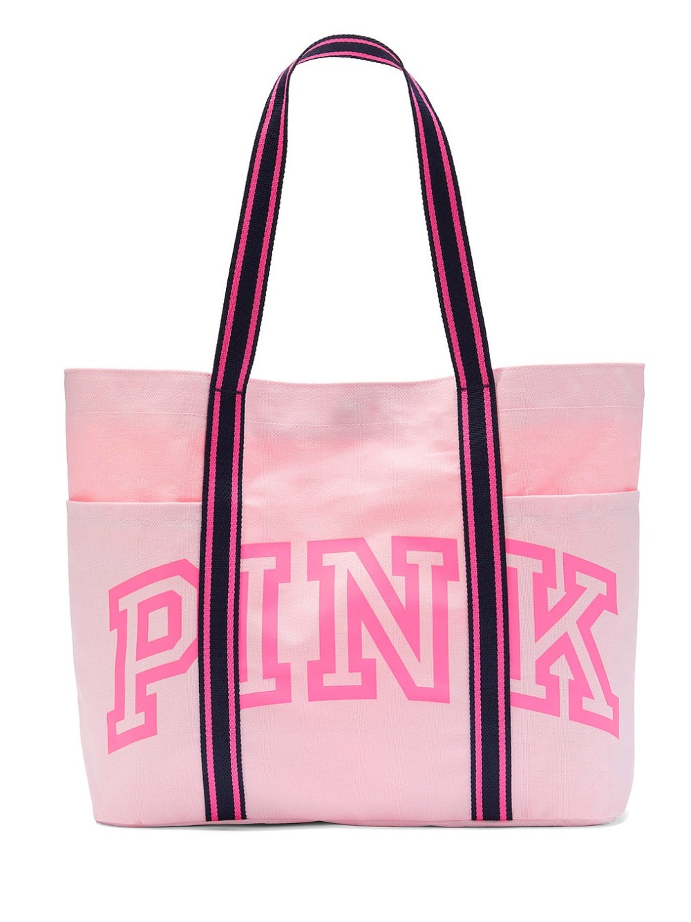 PINK Victoria's Secret Pink Canvas Tote Bag Navy/Pink Striped Straps Snap Close